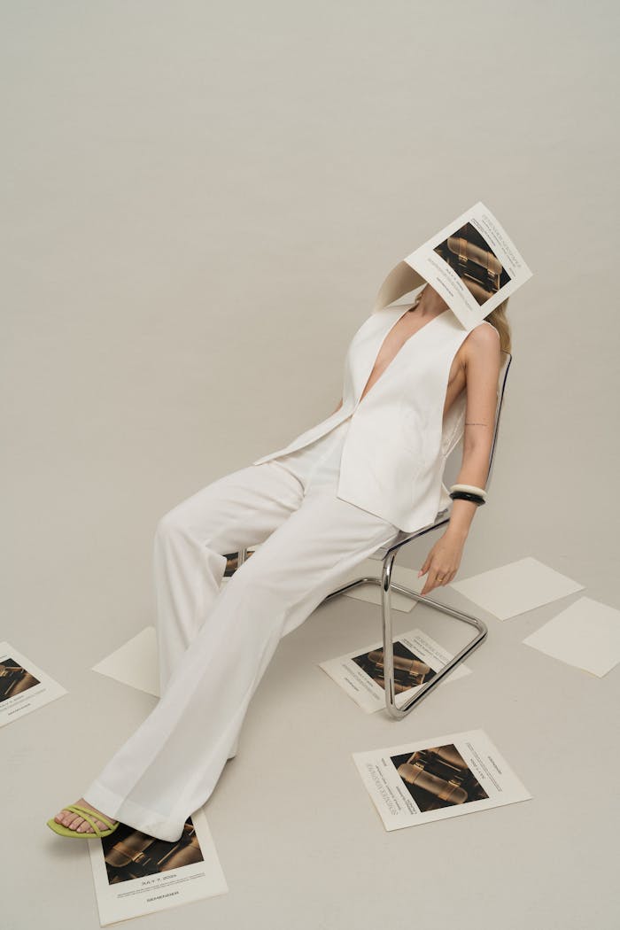 Fashionable woman in white attire poses in a studio with scattered papers.
